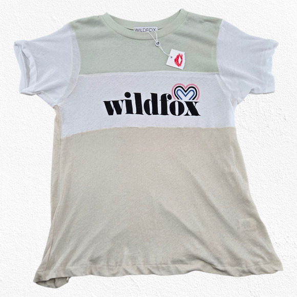 Wildfox Beige Green White Colorblock Heart Logo Semi-Sheer T-Shirt Size XS - Picture 2 of 9